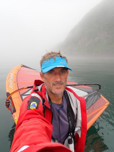 Round the corner (Cape Shiriyazaki) and on to a coast which is caressed rather than assaulted by the Pacific swells. Here paddling in fog.