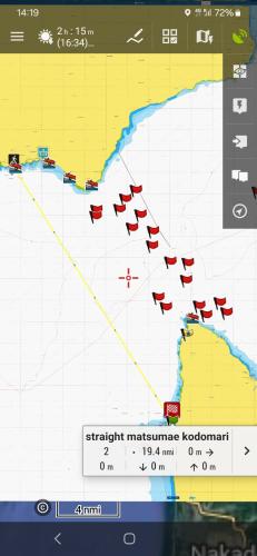 The crossing plan (yellow line would be nice). Red flags are overfalls. Current goes west to east.