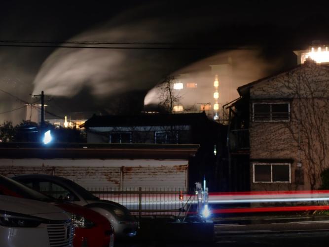 I sailed past these steaming stacks during the thunderstorm. Later we went back for an onsen where I took the picture 